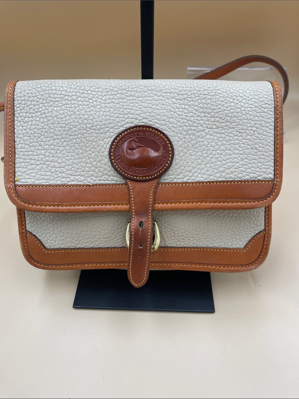 Vintage Dooney & Bourke Cream Pebbled Leather Crossbody with Brown Trim
